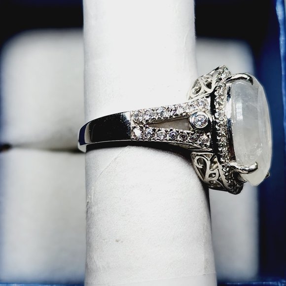 Premium Moonstone & White Zircon halo ring in Plat over 925SS sz 7 10.60 cts - Picture 4 of 5